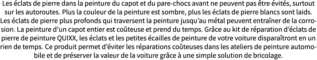 Les éclats de pierre dans la peinture du capot et du pare-chocs avant ne peuvent pas être évités, surtout sur les aut   
