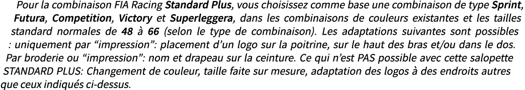 Pour la combinaison FIA Racing Standard Plus, vous choisissez comme base une combinaison de type Sprint, Futura, Comp...